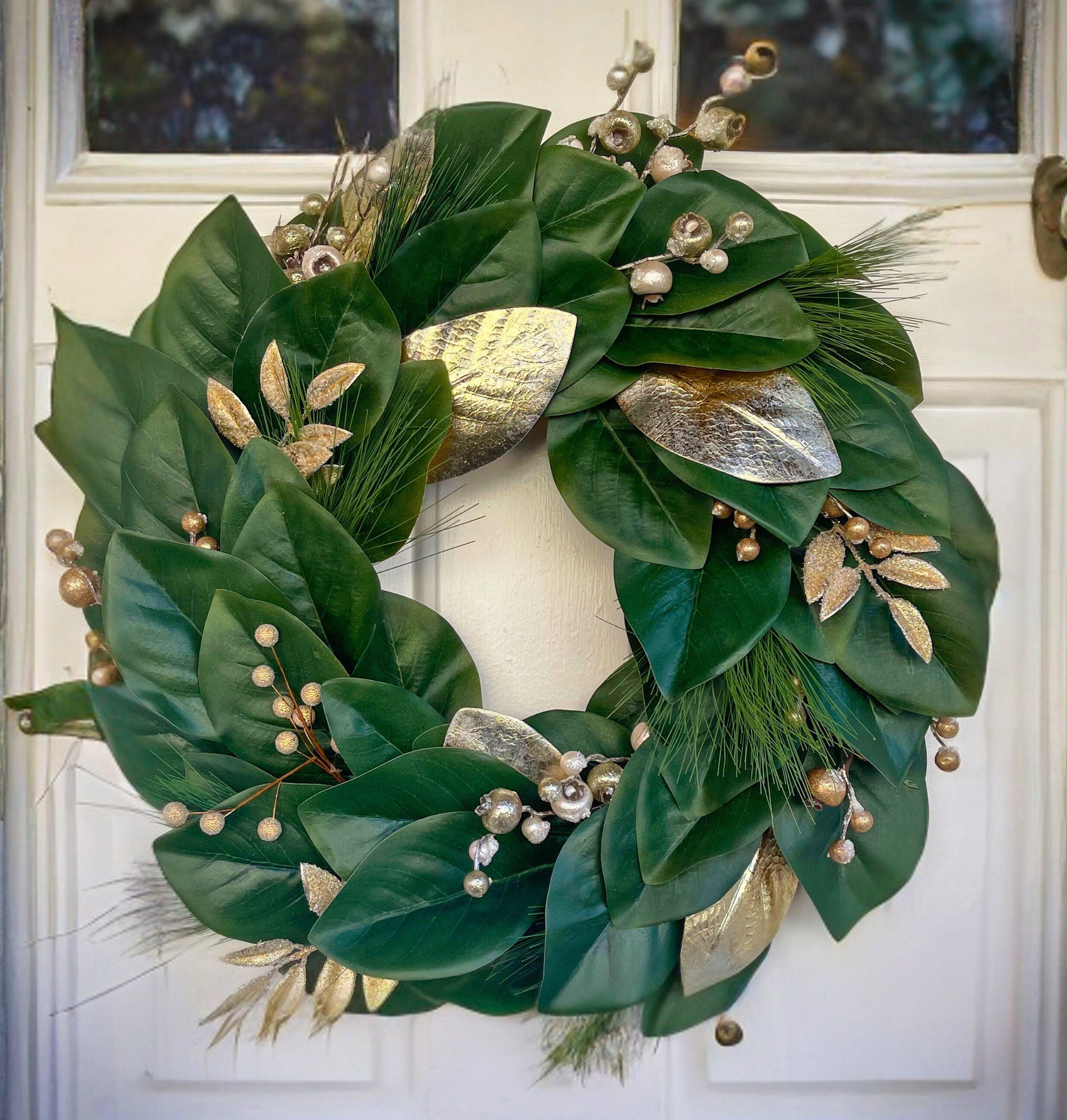 Winter Magnolia Wreath, Christmas Wreath For Front Door, Gold throughout Christmas Wreath Magnolia Leaves