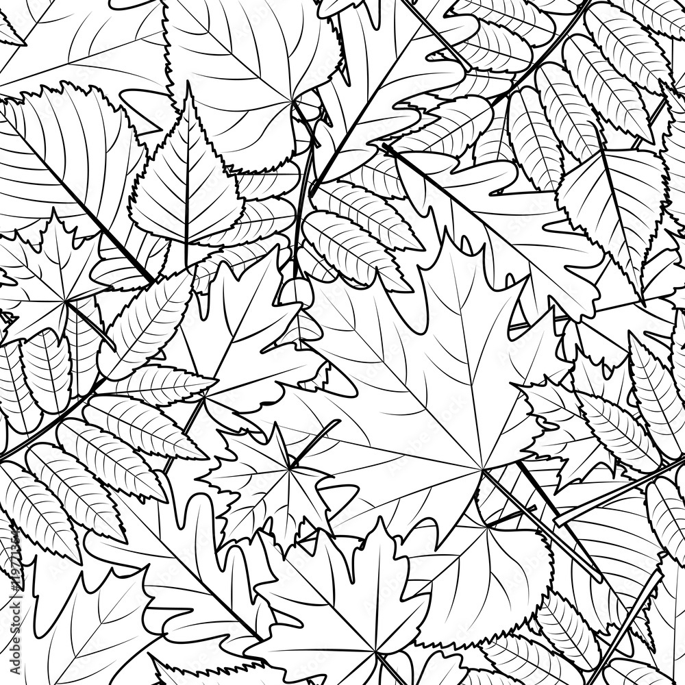Stock-Vektorgrafik „Vector Autumn Leaves Seamless Pattern. Black within Fall Leaves Printable Black And White